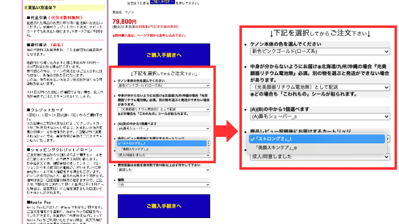 ケノンの注文詳細入力画面