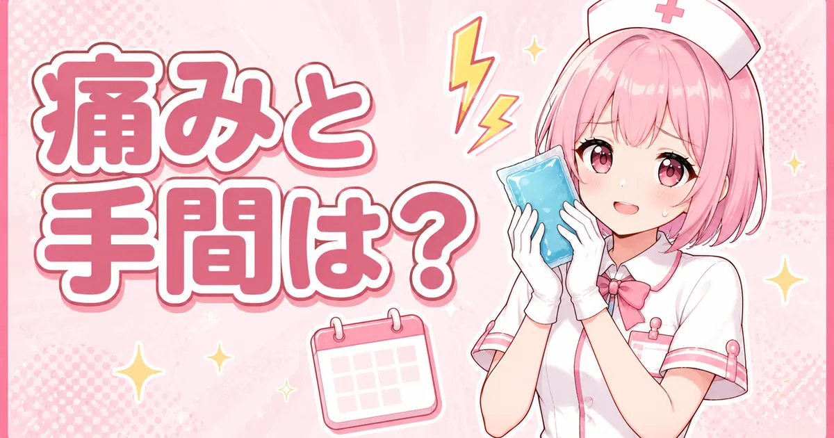 ヒゲ脱毛の痛みと手間を解説するバナー けのんちゃんが保冷パックを持つ