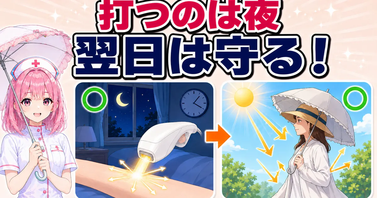夜に照射して翌日は日傘や長袖で肌を守ることを示すイラスト