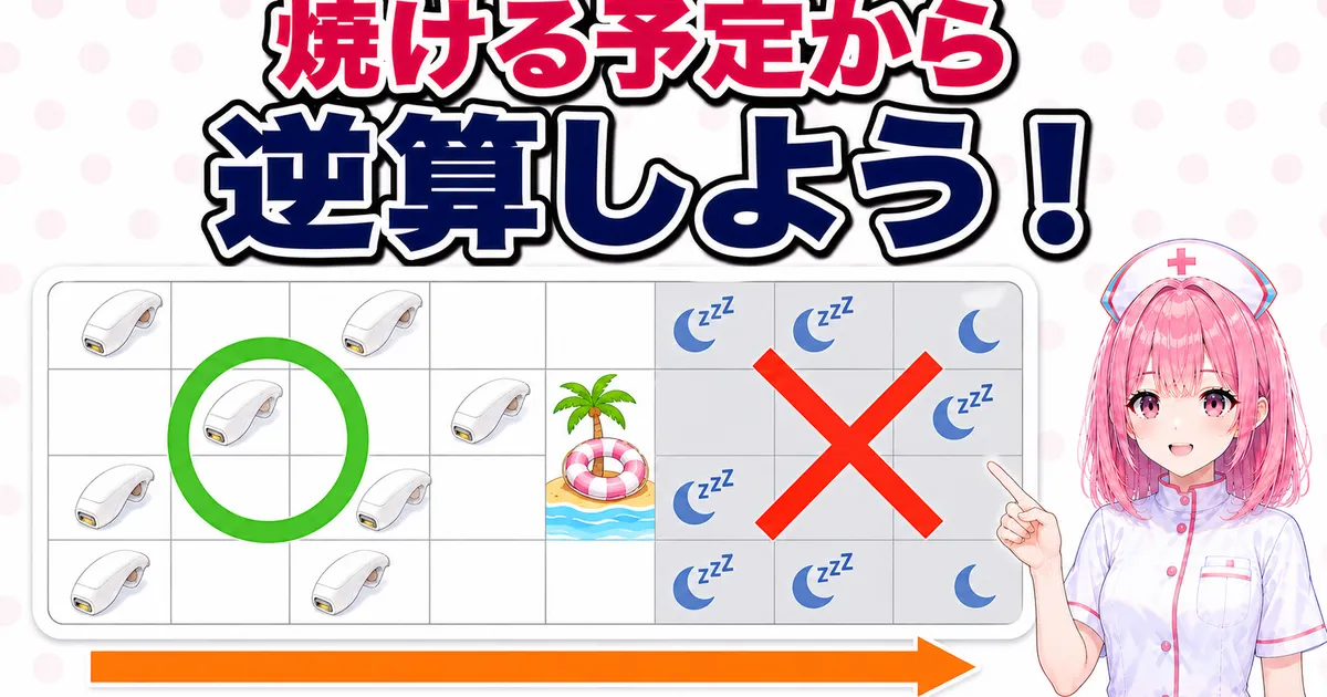 海の予定の前に照射を済ませ焼けた後は休むスケジュールのイラスト