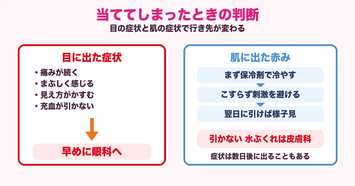 眉に当ててしまったときに眼科と皮膚科のどちらへ行くかを示した図