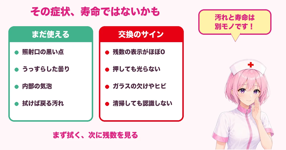 カートリッジがまだ使える症状と交換のサインを比べる図