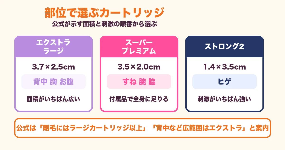 部位で選ぶケノンのカートリッジ 背中はエクストララージ
