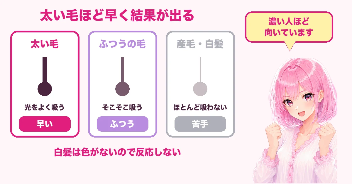 太い毛ほど光を吸って結果が早く産毛や白髪は苦手であることを示した図