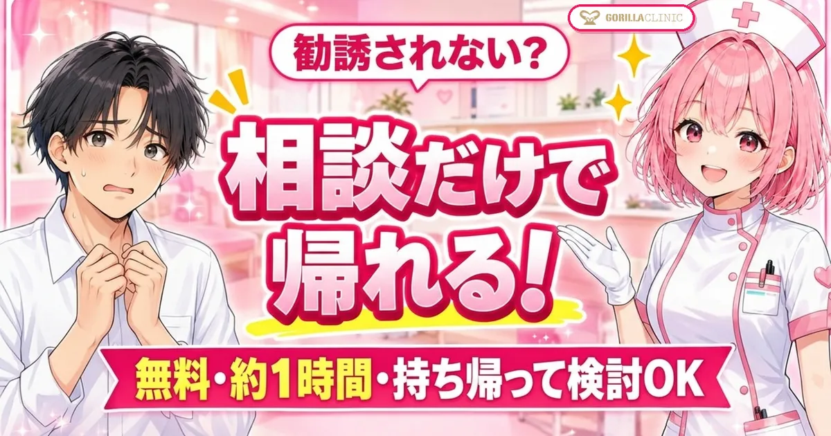 ゴリラクリニックの無料カウンセリングは相談だけで帰れる 無料・約1時間・持ち帰って検討OK