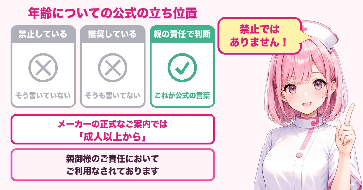 ケノンの年齢に関する公式の立ち位置。禁止でも推奨でもなく親の責任で判断